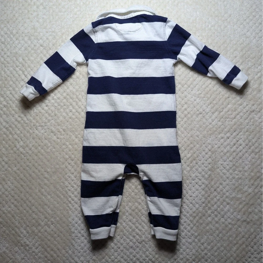 Ralph Lauren Baby Boys Navy White Striped‎ Rugby Romper Long Sleeve 9M